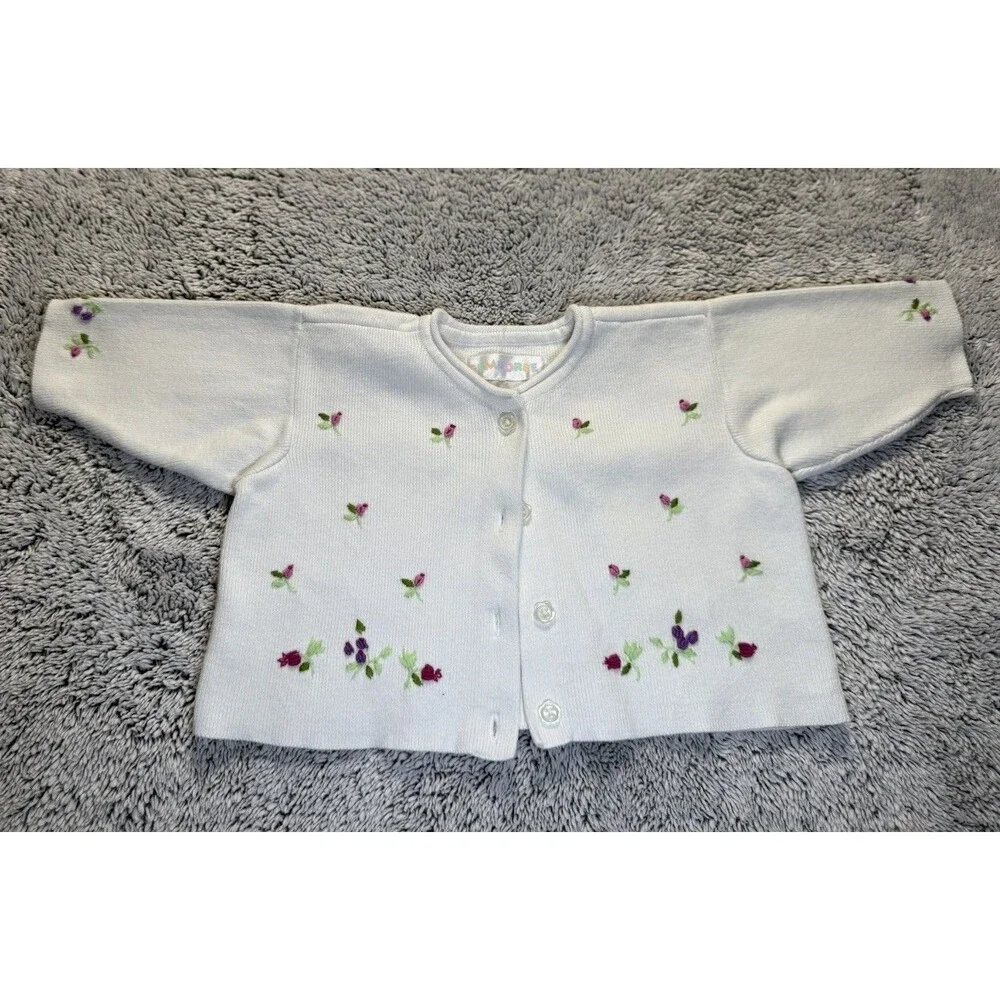 Vtg Gymboree 1998 Rainbow Tag‎ Floral Embroidered White Cardigan Sweater 0-3m